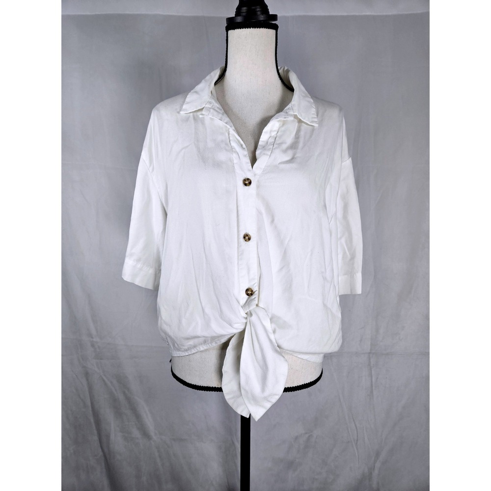 Topshop Size 10 White Tie Front Short Sleeve Button Down Cropped Shirt